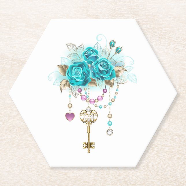 Porta-copo De Papel Rosas Turquesas com Chaves (Frente)