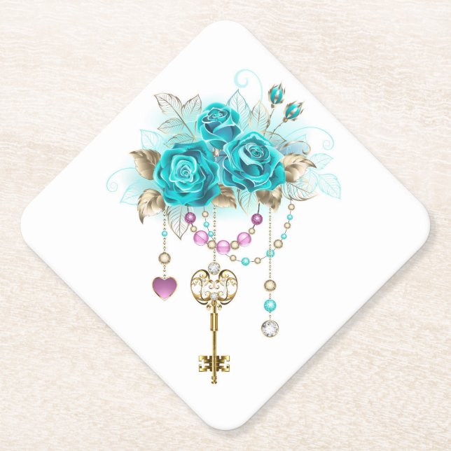Porta-copo De Papel Rosas Turquesas com Chaves (Frente)
