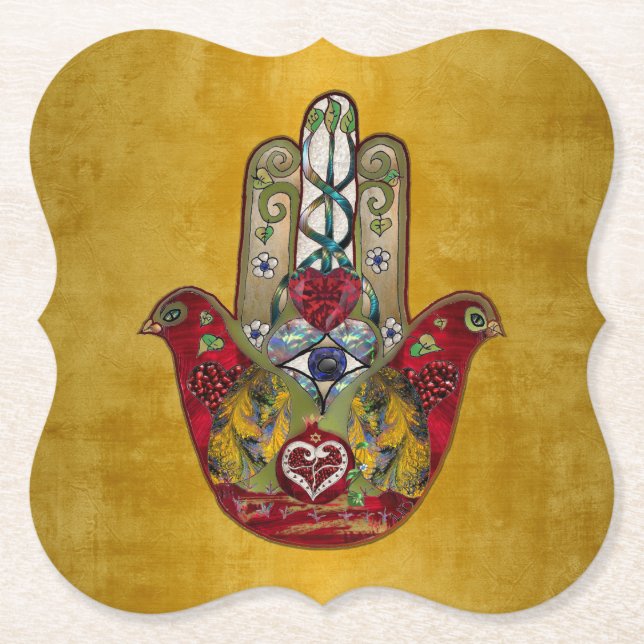 Porta-copo De Papel Ruby Pomegranate Heart Bird Hamsa (Frente)