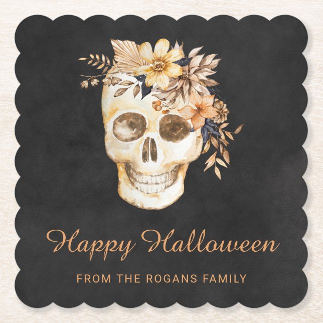 Porta-copo De Papel Rustic Floral Skull Halloween (Frente)