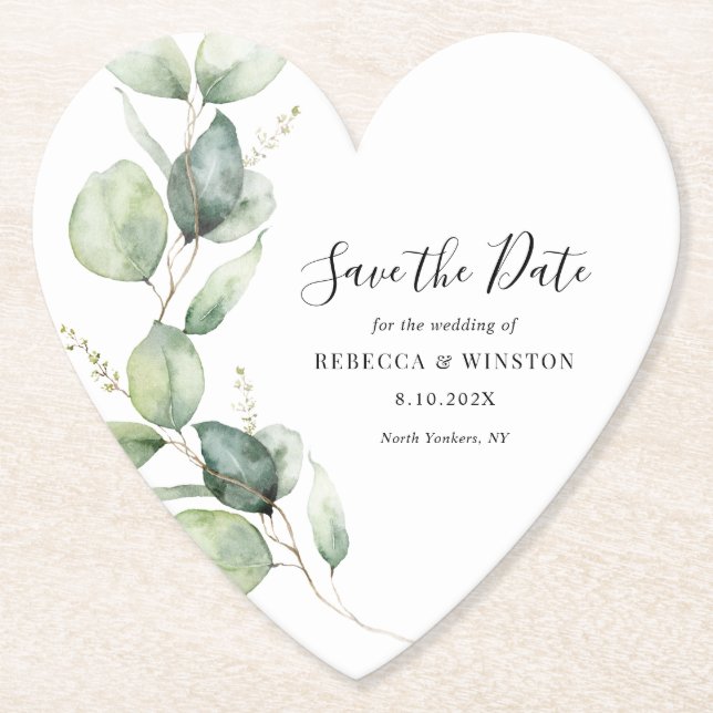 Porta-copo De Papel Script Botanical Eucalyptus Wedding Date (Frente)