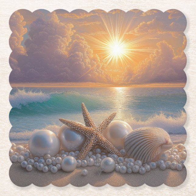 Porta-copo De Papel Seashore Ocean Sunset Seashells Pearls (Frente)