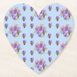 Porta-copo De Papel Shabby Pansy Floral Blue Gingham Drink Coasters