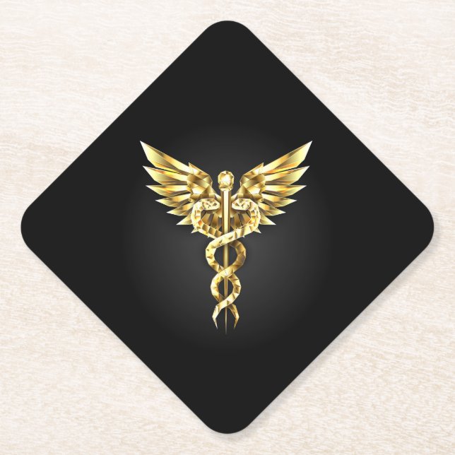 Porta-copo De Papel Símbolo Caduceu Poligonal Dourado (Frente)