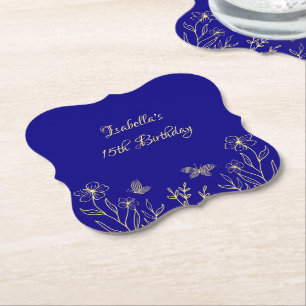 Porta-copo De Papel Simples flores de ouro elegantes azul real casamen