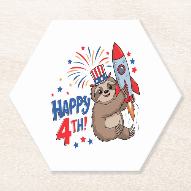 Porta-copo De Papel Sloth Happy 4th Rocket Fireworks EUA (Frente)