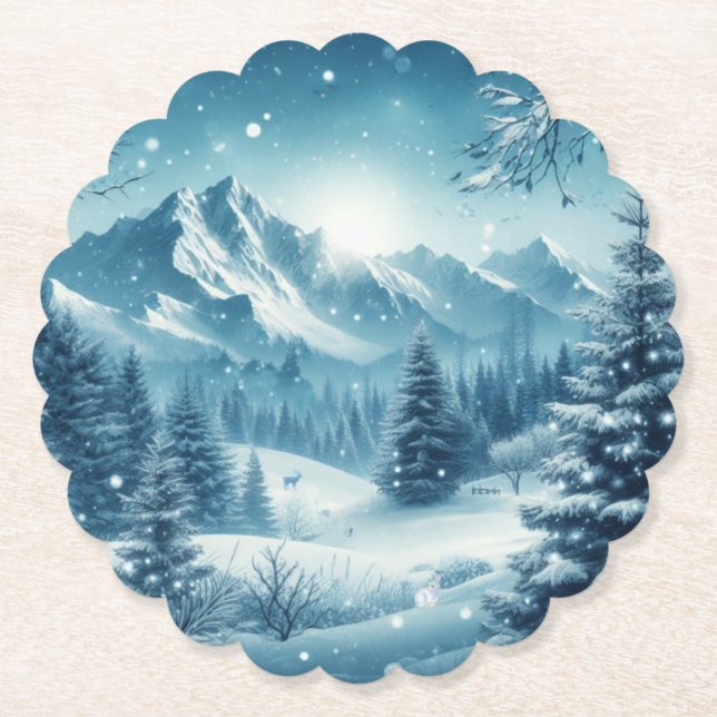 Porta-copo De Papel Snowy Winter Mountain (Frente)