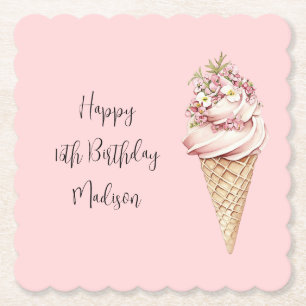 Porta-copo De Papel Sorvete de Aniversário Pink Floral Here's the Scoo