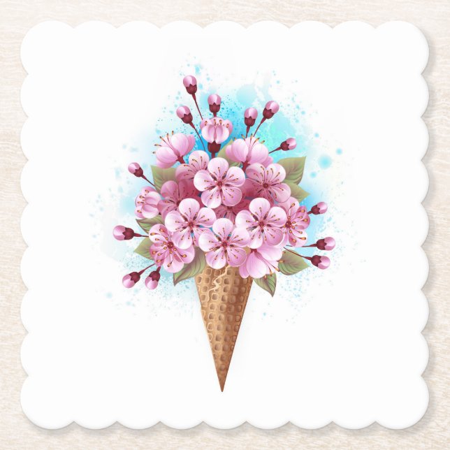 Porta-copo De Papel Sorvete Waffle Rosa Sakura Cone (Frente)