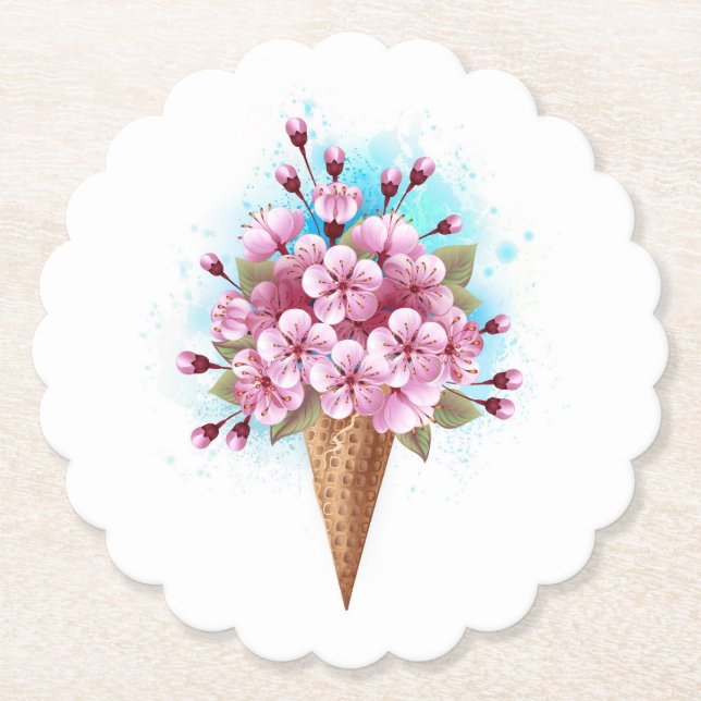 Porta-copo De Papel Sorvete Waffle Rosa Sakura Cone (Frente)