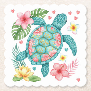 Porta-copo De Papel Tartaruga marinha e flores tropicais