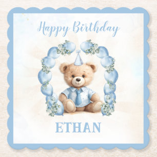Porta-copo De Papel Teddy Bear Birthday Boy Blue Paper Porta copos
