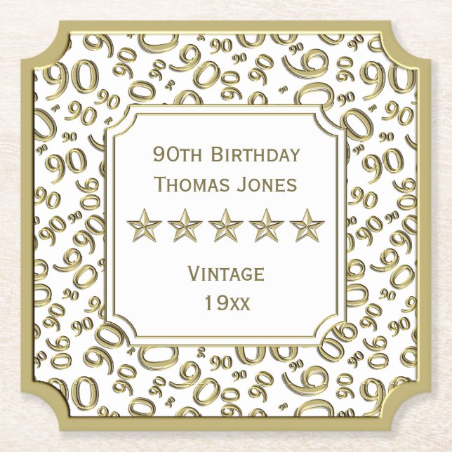 Porta-copo De Papel tema branco/Dourado da festa de aniversário do 90 (Frente)