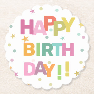 Porta-copo De Papel Texto Colorido Confetti e Estrelas Feliz Aniversá