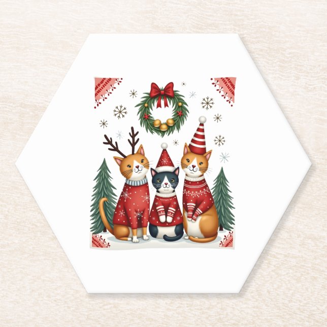 Porta-copo De Papel Three Cat Funny Christmas Cat Ugly Xmas Sweater Me (Frente)