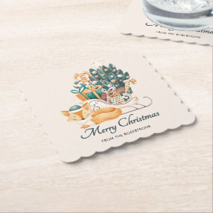 Porta-copo De Papel Trenós de Natal de Raposa em Aquarela Férias