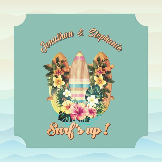 Porta-copo De Papel Tropical Surfboards Hawaiian Flowers Teal Monogram (Criador carregado)