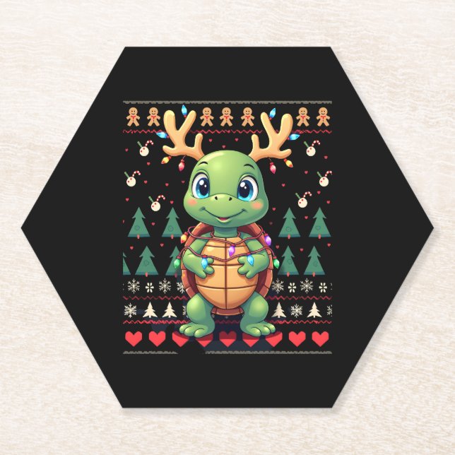 Porta-copo De Papel Ugly Xmas Sweater Style Lighting Turtle Christmas  (Frente)