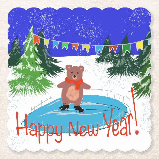 Porta-copo De Papel Urso engraçado nos skates de inverno (Frente)