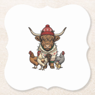 Porta-copo De Papel Vaca Alta Escocesa de Natal e Galinhas Xilogravura