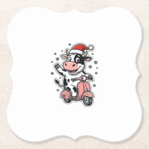 Porta-copo De Papel Vaca de Natal Andando de Scooter Rosa Vetor Vintag