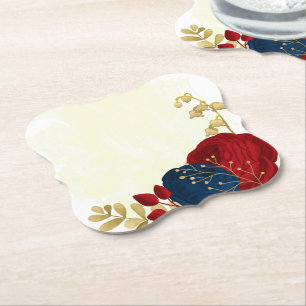 Porta-copo De Papel Vermelho escuro romântico e flores azuis marinhos,