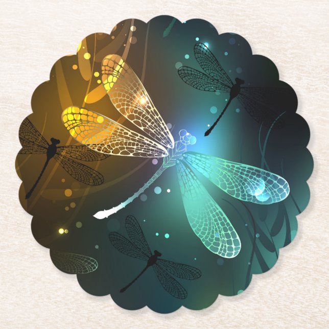 Porta-copo De Papel Voo luminoso verde de libélula (Frente)