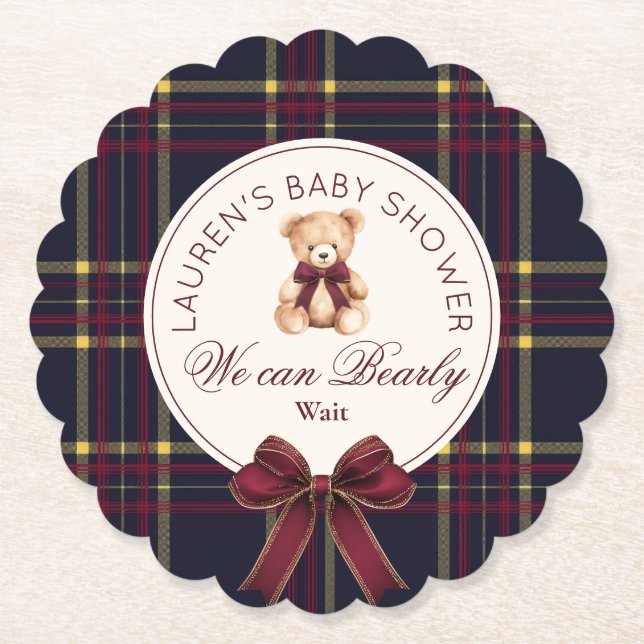 Porta-copo De Papel We can bearly wait Plaid teddy bear Baby Shower (Frente)