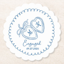 Whimsical Engaged Couple Blue Hearts Trendy Doodle