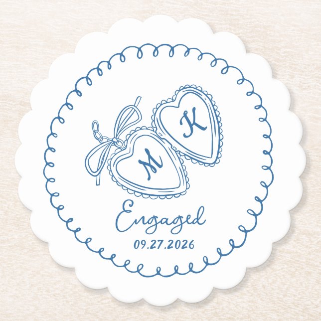 Porta-copo De Papel Whimsical Engaged Couple Blue Hearts Trendy Doodle (Frente)
