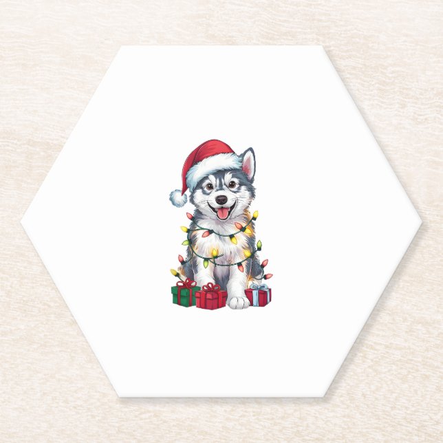 Porta-copo De Papel Xmas Lighting Santa Hat Alaskan Malamute Dog Chris (Frente)