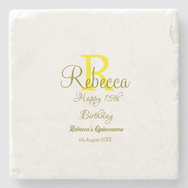 Porta-copo De Pedra 15 Feliz Aniversário Amarelo Apelido Monograma Mod (Frente)
