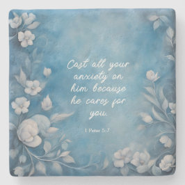 Porta-copo De Pedra 1 Peter 5:7 “Cast All Your Anxiety” Blue Floral