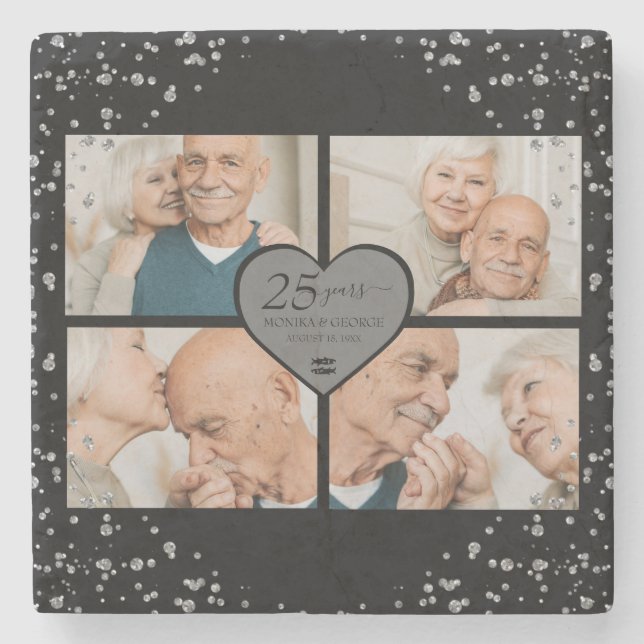 Porta-copo De Pedra 25 Aniversário do Silver Glitter Black (Frente)