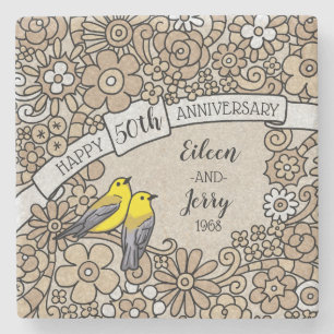Porta-copo De Pedra 50º Aniversário Personalizado, Aves Florais Dourad