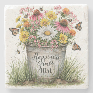 Porta-copo De Pedra A Felicidade Cresce Aqui Aquarela de Flores Silves