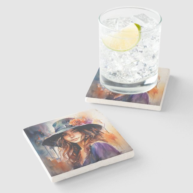 Porta-copo De Pedra A Mulher no Chapéu: Retrato da Graça Vibrante (Lateral)