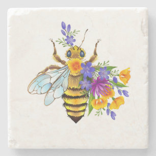 Porta-copo De Pedra Abeja flor com plantas silvestres