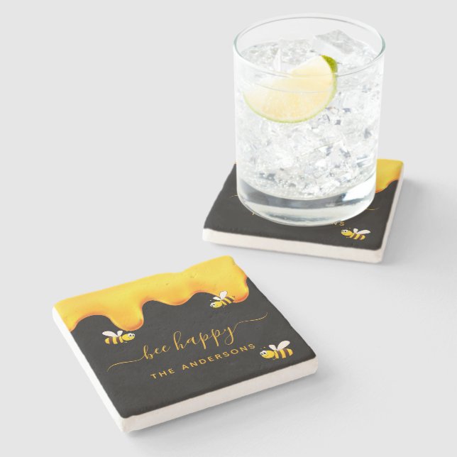 Porta-copo De Pedra Abelhas negras, abelhões felizes, doce monograma d (Lateral)