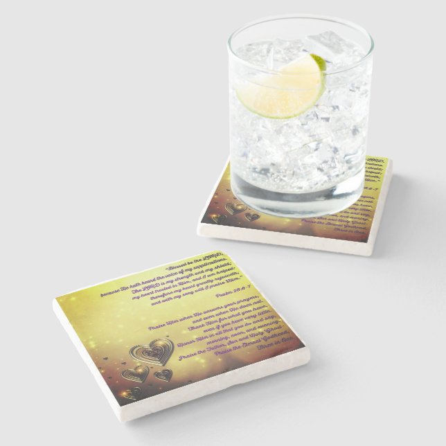 Porta-copo De Pedra Abençoado seja o Senhor Salmo 28:6-7 (Lateral)