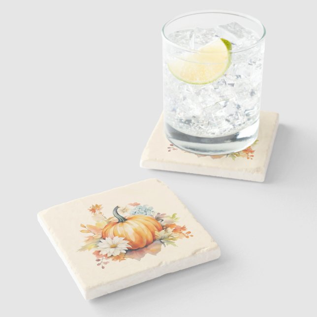Porta-copo De Pedra Abóboras Laranja e Flores Outono (Lateral)