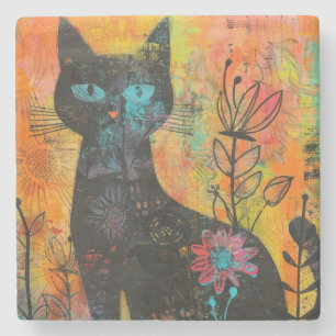 Porta-copo De Pedra Abstrato de Watercolor Vintage Cat (9)