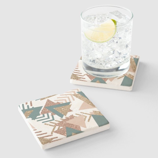 Porta-copo De Pedra abstrato retroativo 80s | Paleta verde e Dourada d (Lateral)