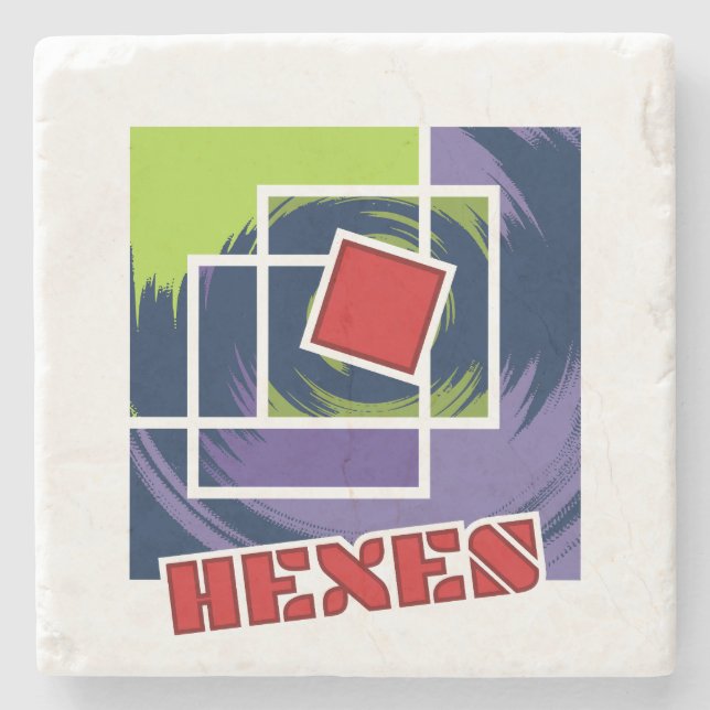 Porta-copo De Pedra Abstrato verde e roxo rebelde quadrados com hexos (Frente)