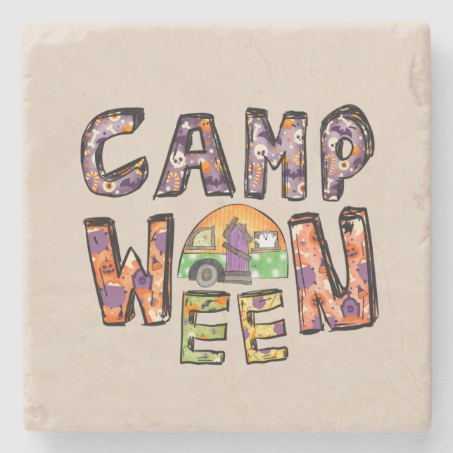 Porta-copo De Pedra Acampamento Halloween | Word Pun (Frente)