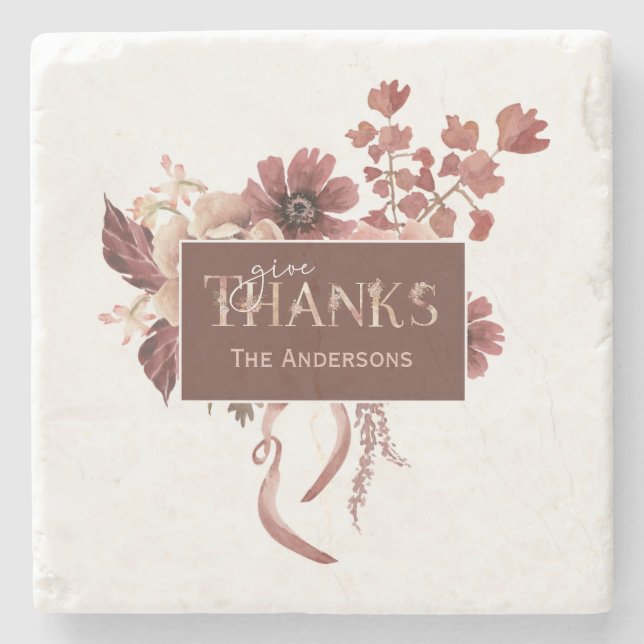 Porta-copo De Pedra Ação de Graças Personalizada de Aquarela Floral (Frente)