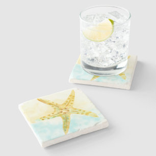 Porta-copo De Pedra Aguarela amarela azul da estrela do mar