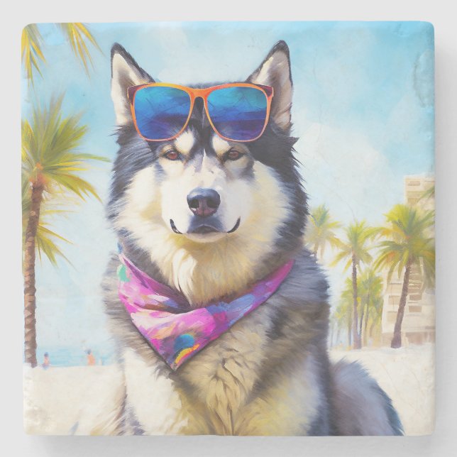 Porta-copo De Pedra Alaskan Malamute na praia, presente de verão (Frente)