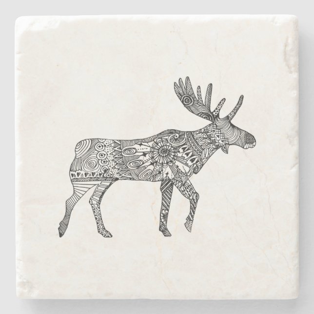 Porta-copo De Pedra Alce Ornamental Preto e Branco em Silhueta Andando (Frente)