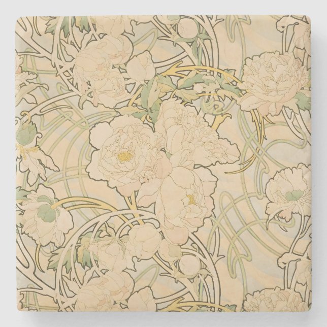 Porta-copo De Pedra Alfonse Mucha Art Nouveau Peonies Arte Botânica (Frente)